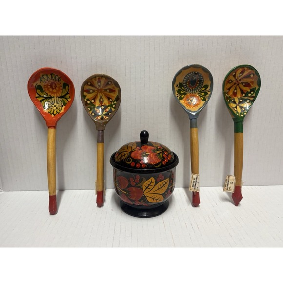 Other - Russian Khokhloma Jar  4 in tall Lidded Wood Lacquer‎ plus 4 spoons